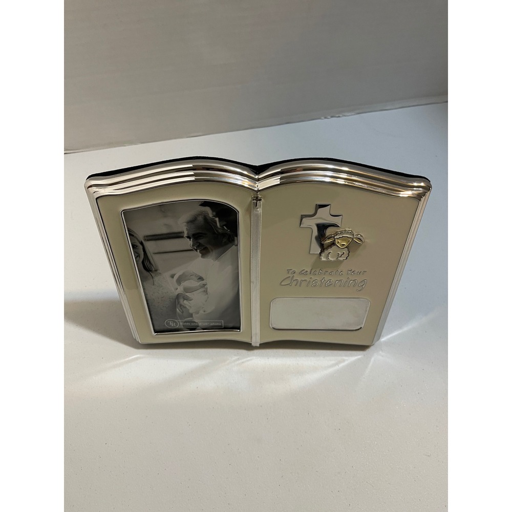 Christening Photo Frame Kids 4x6 Cream Excellent Lamb Cross Book Style - Picture 2 of 5
